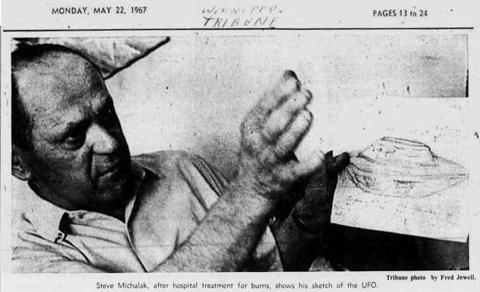 Steve Michalak pictured with drawing he made of unidentified object as pictured in Winnipeg Tribute on May 22, 1967